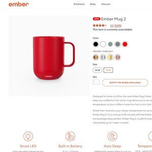 Ember Red Smart Mug aka Warm Coffee Cup. Keeps your Beverage warm